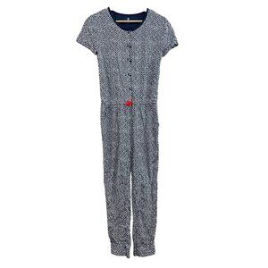Gap Kids XL Navy & White Heart Print Jumpsuit With Red Bow Accent Short Sleeves
